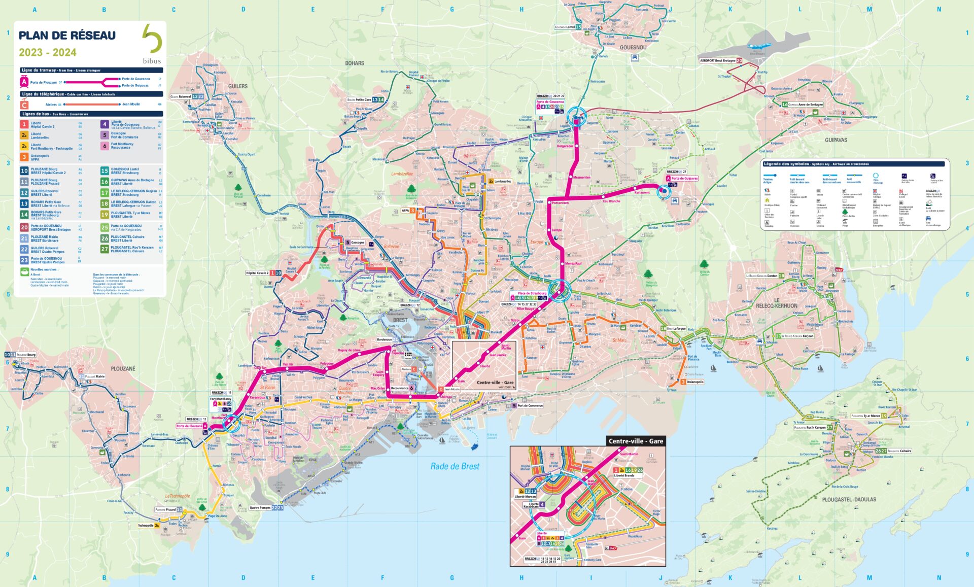 Carte du réseau de bus Bibus à Brest, reliant Brest et Plouzané via 8 lignes principales.