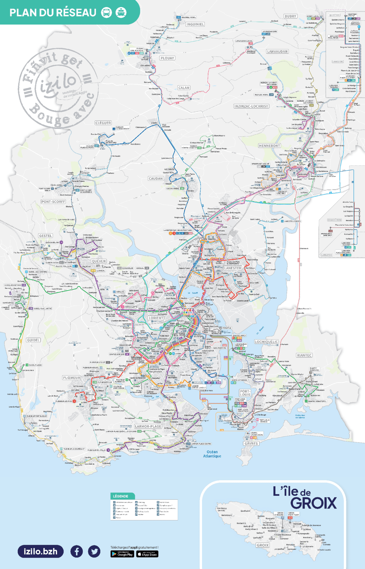 Carte du réseau de bus Izilo à Lorient, couvrant 14 communes et reliant les principaux pôles urbains.