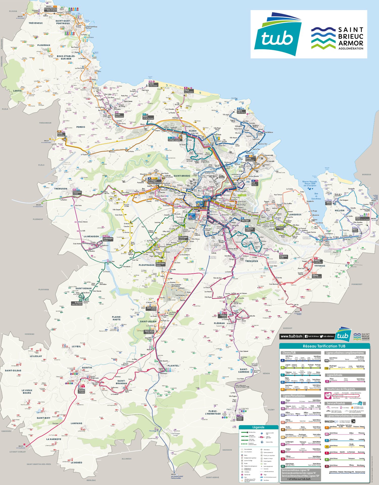 Plan du réseau de bus TUB à Saint-Brieuc, reliant 15 communes et les principaux pôles urbains.