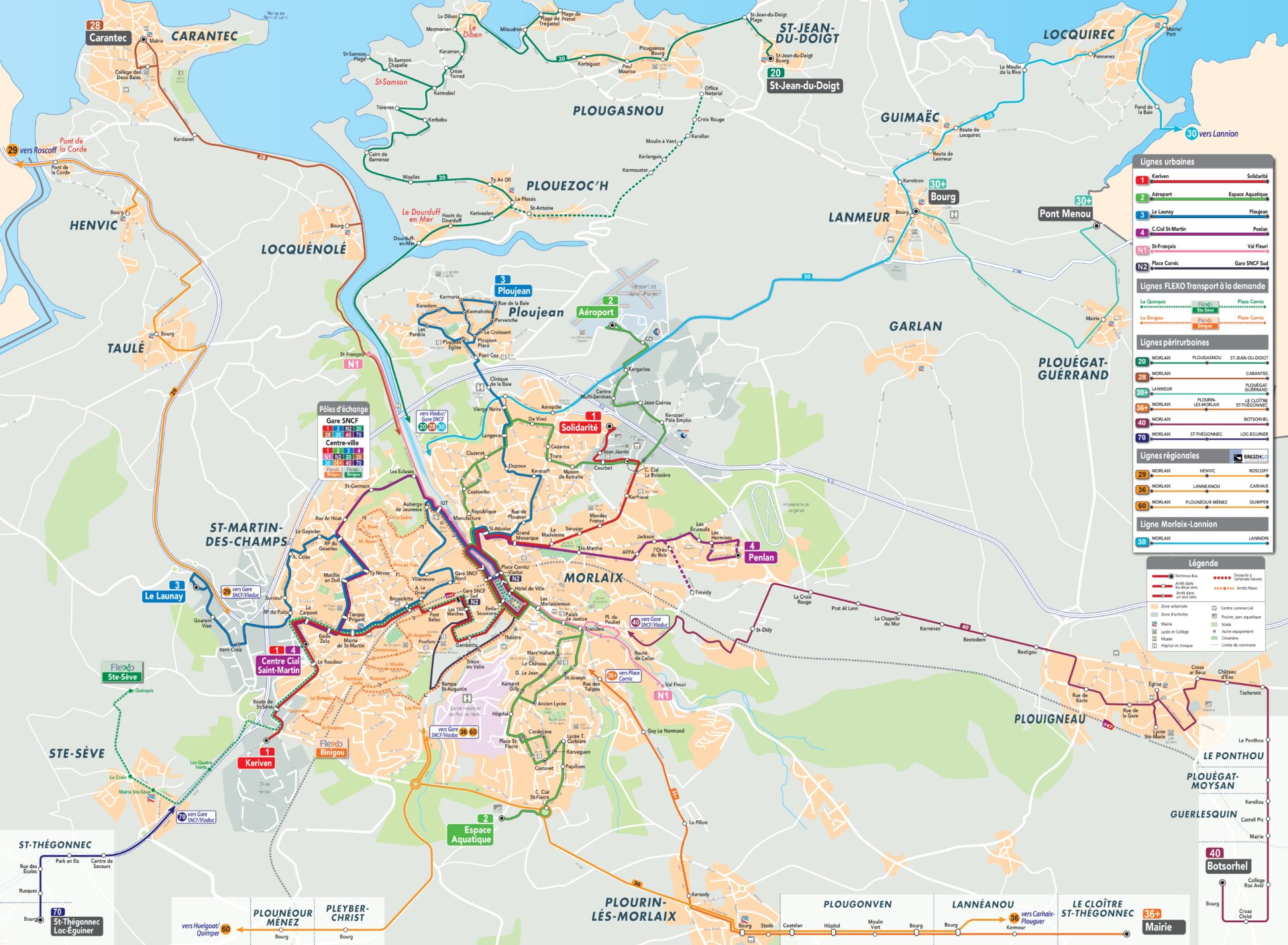Plan du réseau de bus Lineotim à Morlaix, reliant Morlaix et Saint-Martin-des-Champs.