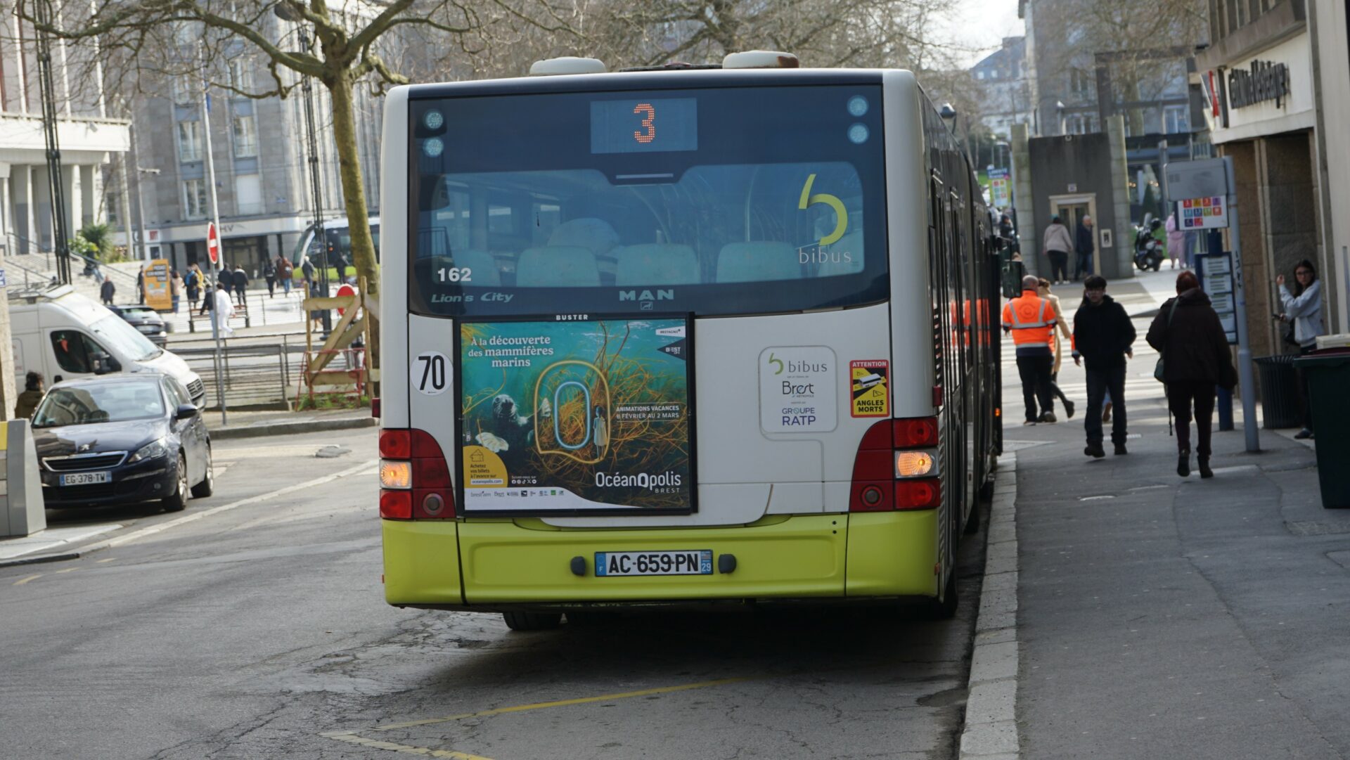 Publicité Océanopolis sur l’arrière d’un bus Bibus à Brest, offrant une visibilité maximale en circulation.