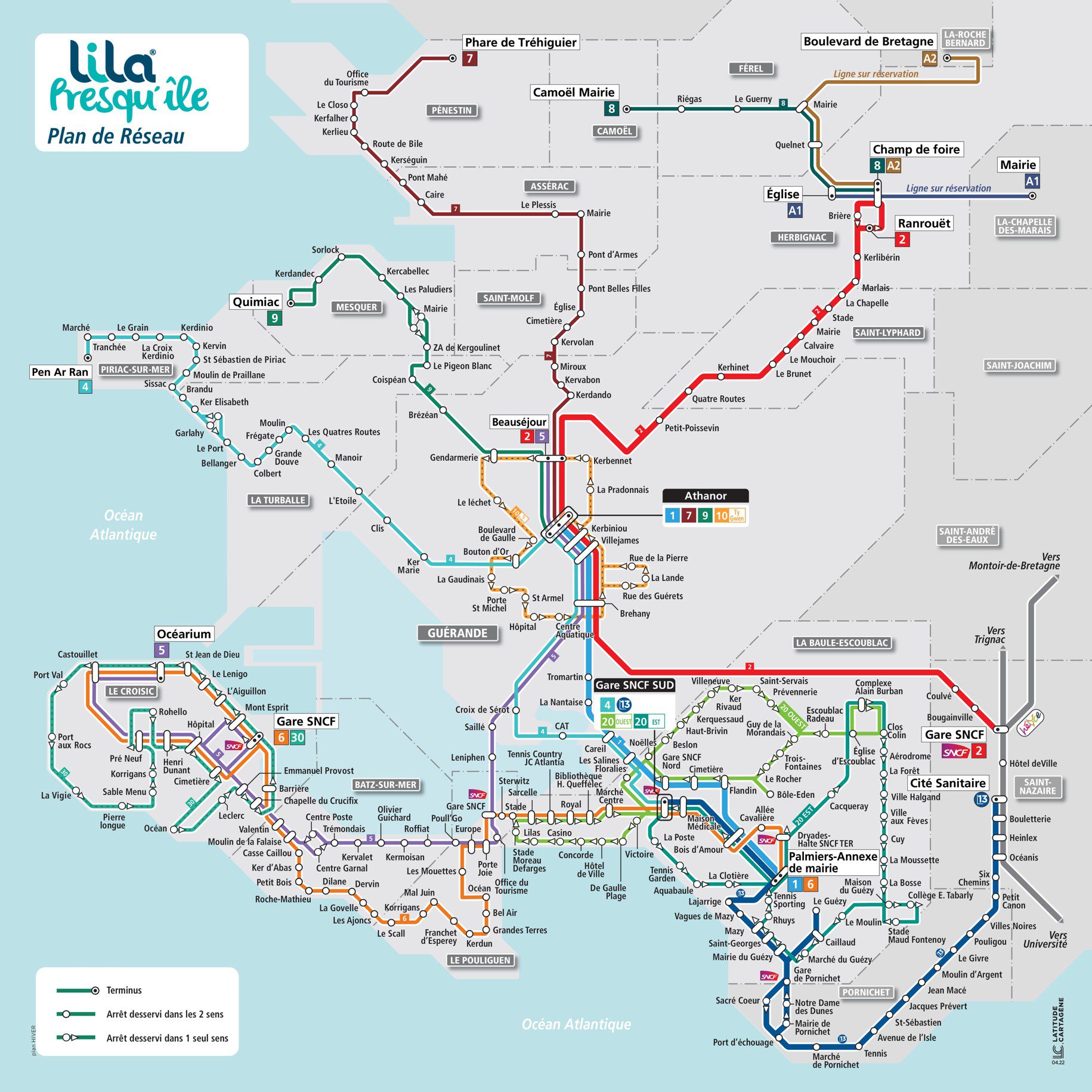 Carte du réseau de bus Lila Presqu'île couvrant La Baule et ses environs.